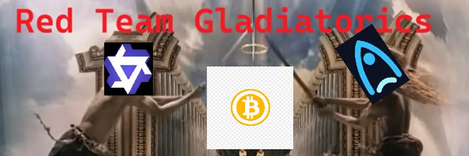 Original Red Team Gladiatorics banner with arena imagery, symbols, and a coin